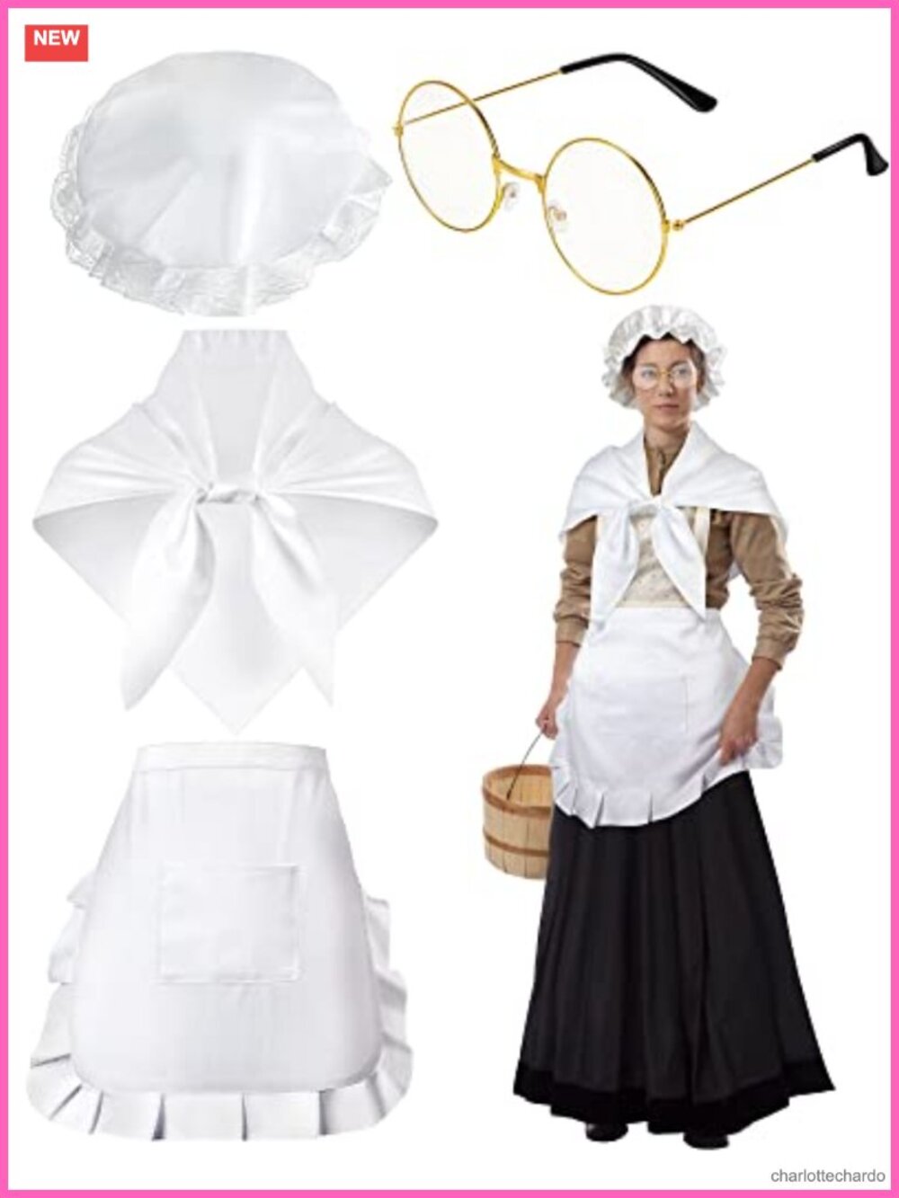 Colonial Costume Set 4 Pcs Mob Cap Shawl Apron Gold Glasses